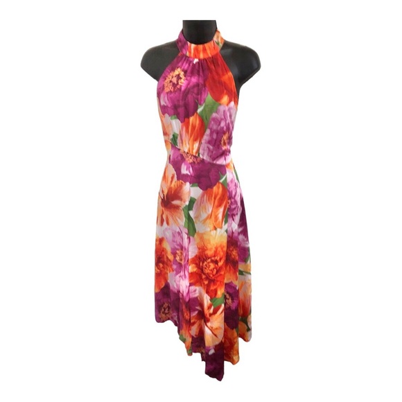 Maggy London pink tropical floral print asymmetrical flowy halter dress size 6 - Picture 14 of 16
